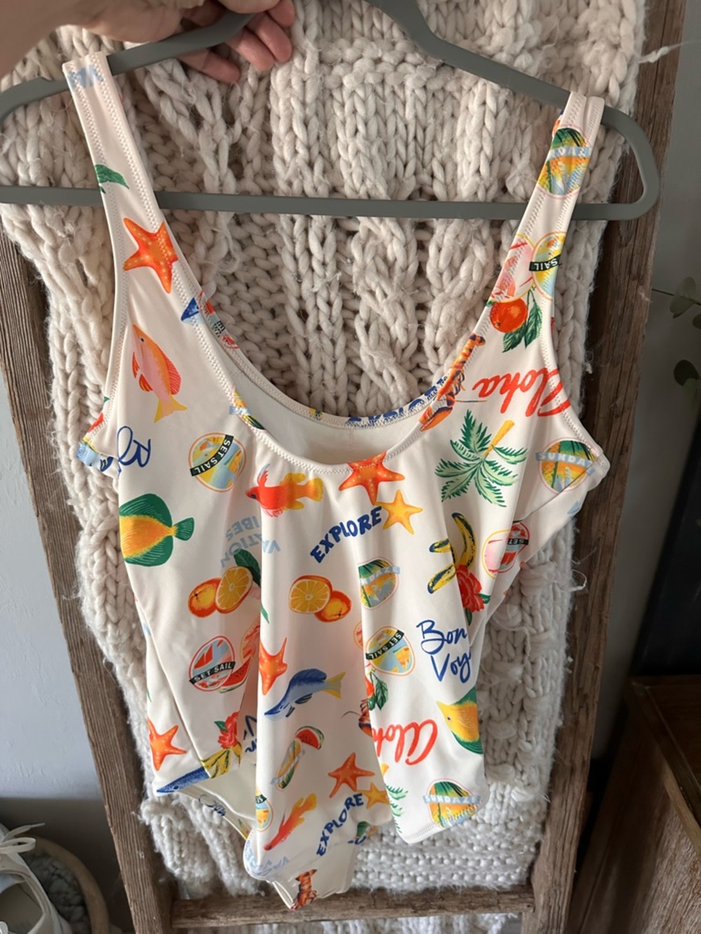 Old Navy Cream One-Piece Swimsuit with Bright Tropical Print - Picture 4 of 4